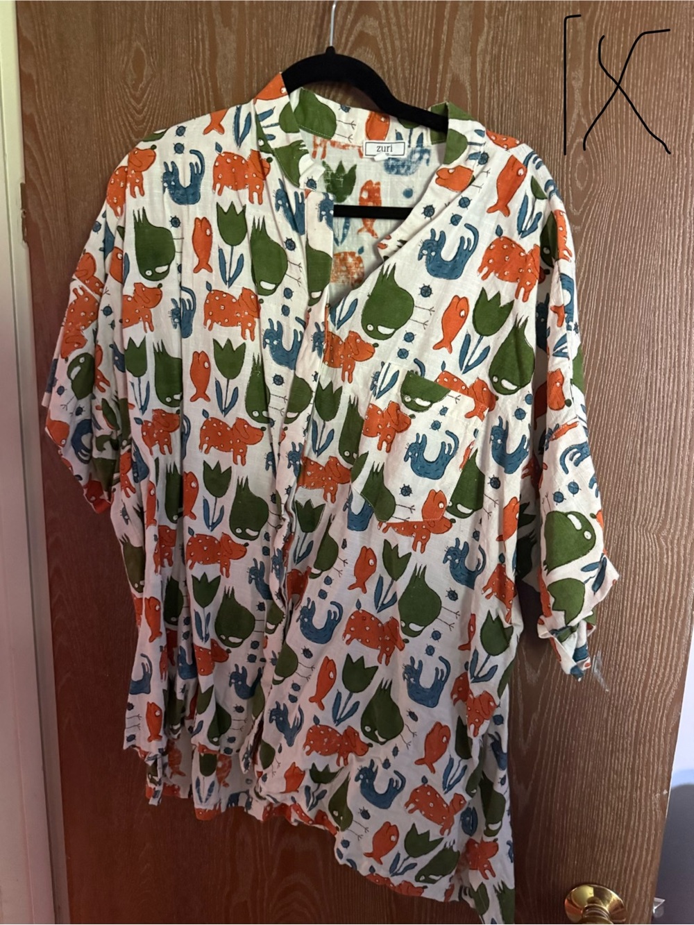 ZURI Women's Printed Button-Front Blouse in White with Green & Orange Motif